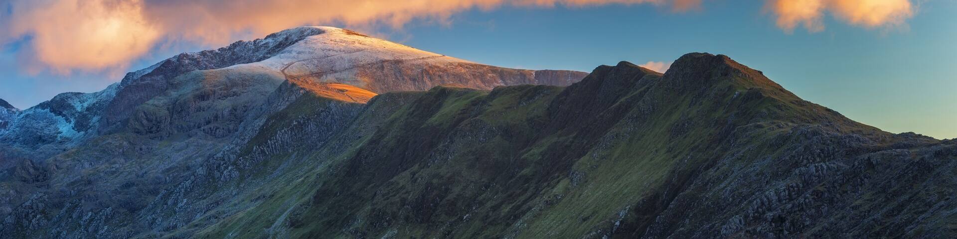 Panorama of Snowdon (Welsh: Yr Wyddfa, pronounced is the highest mountain in Wales, Uk.