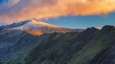 Panorama of Snowdon (Welsh: Yr Wyddfa, pronounced is the highest mountain in Wales, Uk.