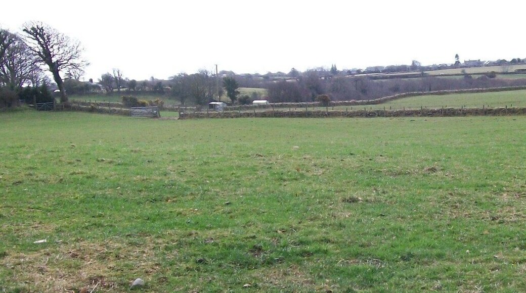 View across farmland towards houses on the B4354 Chwilog-Y Ffor road