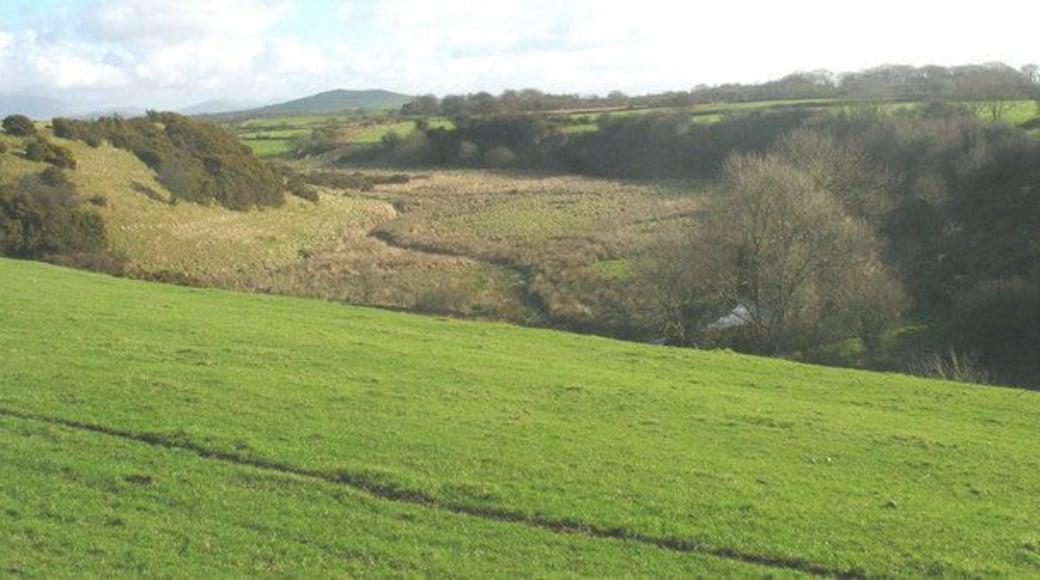 View across the Erch valley from Carnguwch church The Erch meanders over its boggy flood plain. The land use contrasts with that on the terraces above.