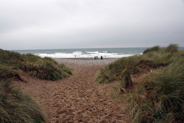 Un sendero arenoso que lleva al mar, con dunas cubiertas de hierba a ambos lados.