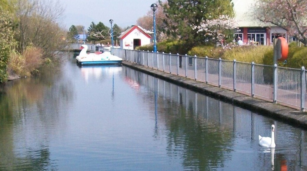 View eastwards across the boating lake at Hafan y M�r Holiday Park, near to Chwilog, Gwynedd, Great Britain.