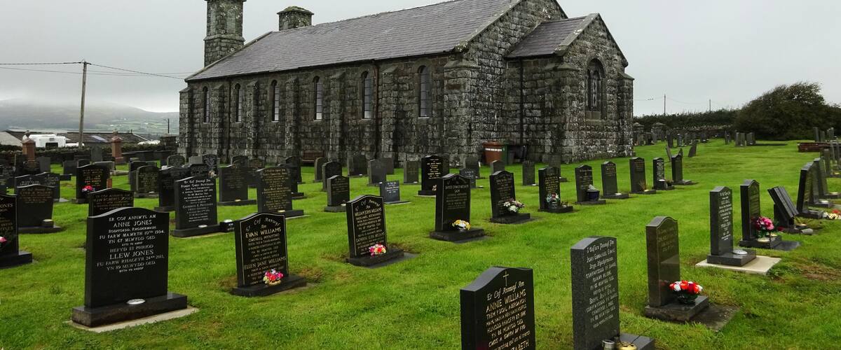 A stone church surrounded by a cemetery with headstones.