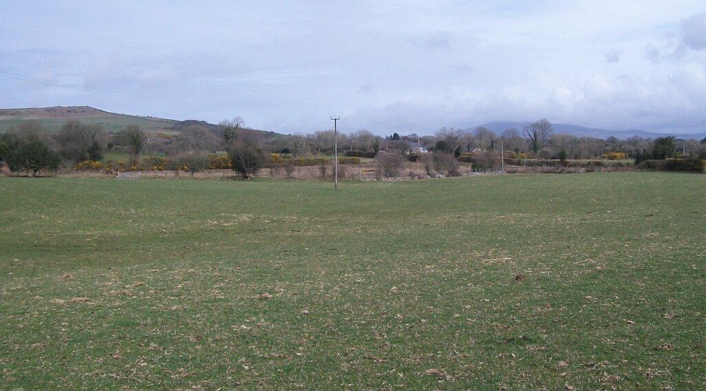 A grassy field with a few trees and a hill in the background.