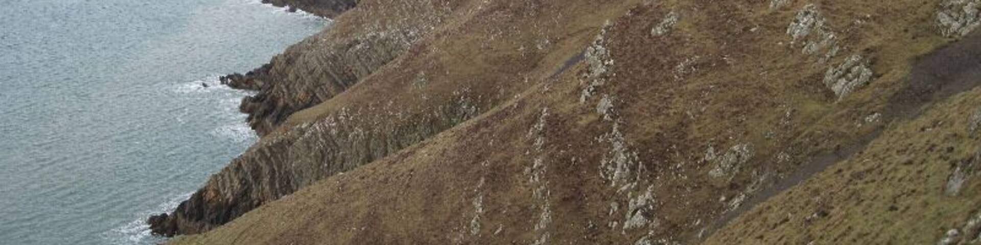 Looking across Trwyn Carreg-y-tir From Trwyn y Fulfran. Coastal erosion has exposed the rock strata which must have helped the lead mining activity around here. A trail of mine waste is visible on the lower right.