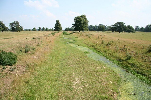 A grassy field with a narrow stream running through it.