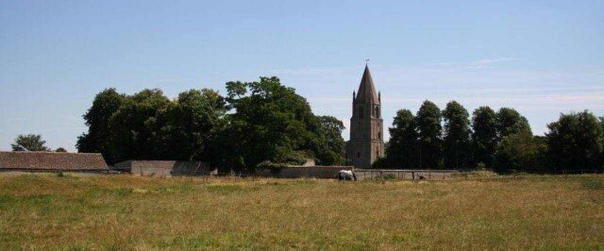 A church with a tall spire, surrounded by trees and open fields.