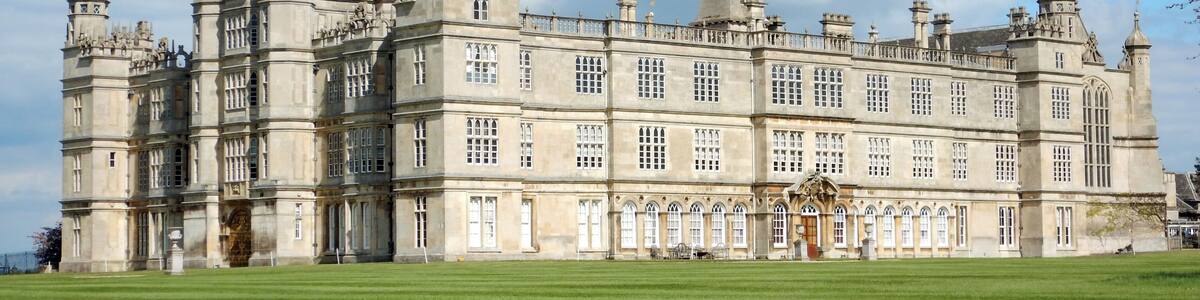Exterior view of Burghley House, April 2017.