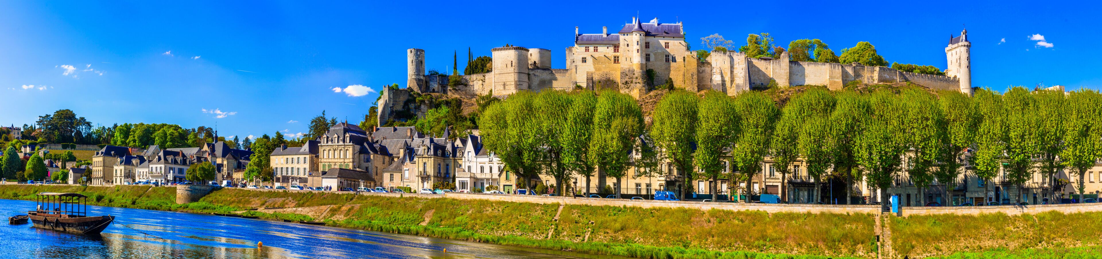 Ultra Wide Panorama of Chinon: Royal Fortress Chateau de Chinon Overlooking Medieval Old Town and Vienne River Loire Valley UNESCO Heritage Site, France Travel High Resolution 15K