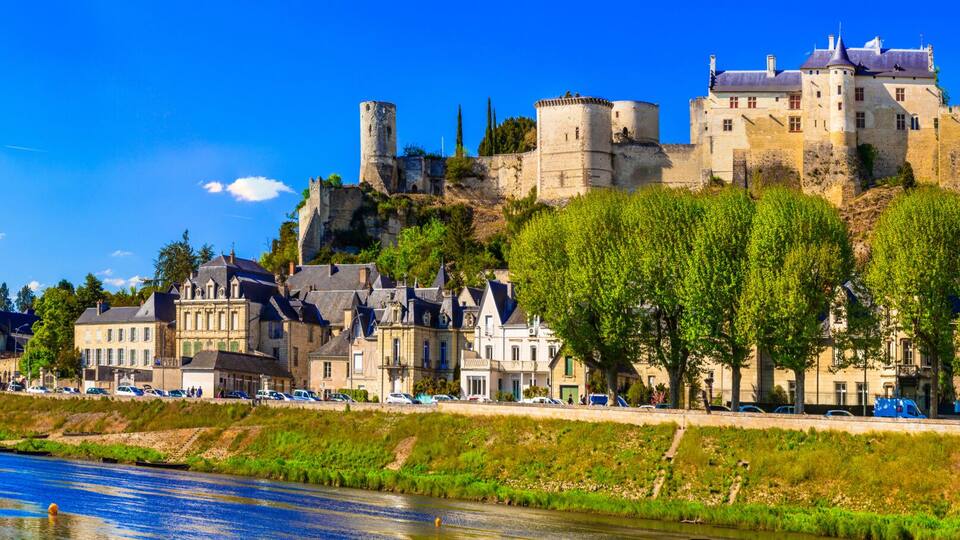 Ultra Wide Panorama of Chinon: Royal Fortress Chateau de Chinon Overlooking Medieval Old Town and Vienne River Loire Valley UNESCO Heritage Site, France Travel High Resolution 15K