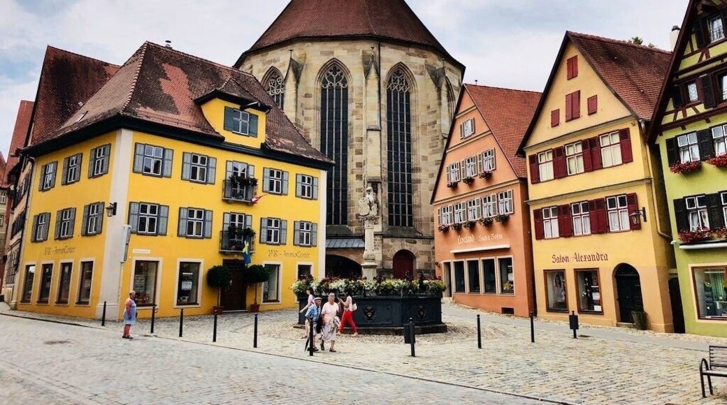 Dinkelsbühl is a historic town in Central Franconia, a region of Germany that is now part of the state of Bavaria, in southern Germany. Dinkelsbühl is a former Free imperial city of the Holy Roman Empire. In local government terms, Dinkelsbühl lies near the western edge of the Landkreis of district of Ansbach, north of Aalen.
Dinkelsbühl lies on the northern part of the Romantic Road, and is one of three particularly striking historic towns on the northern part of the route, the others being Rothenburg ob der Tauber and Nördlingen.
The town lies on the southern edge of the Franconian Heights and on the River Wörnitz, which rises in the town of Schillingsfürst.