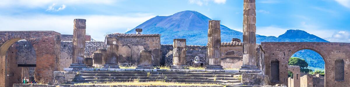 Ancient ruins of Pompeii, Italy. Web banner panoramic view.