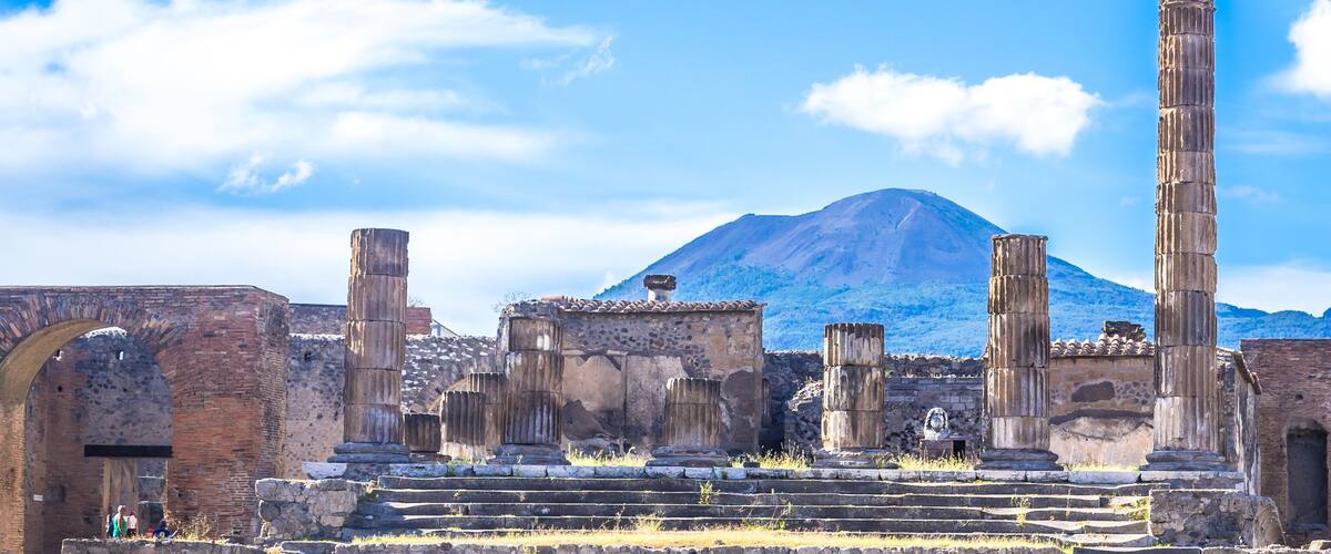Ancient ruins of Pompeii, Italy. Web banner panoramic view.