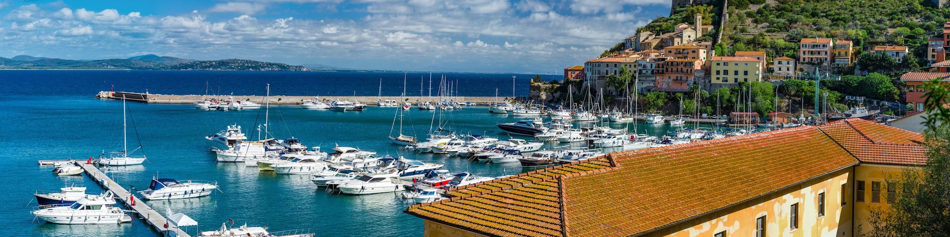 Editorial: 8th October 2017: Porto Ercole, Italy. Landscape seaside harbor panoramic view.