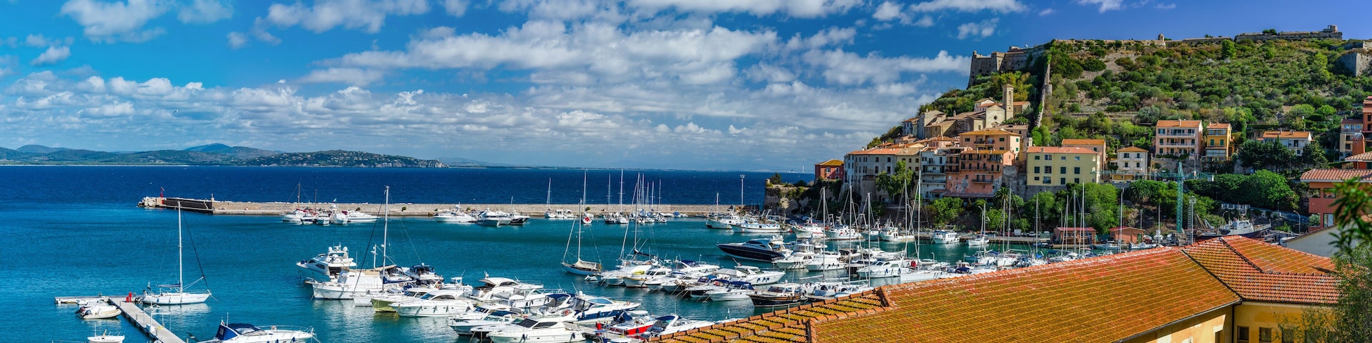 Editorial: 8th October 2017: Porto Ercole, Italy. Landscape seaside harbor panoramic view.