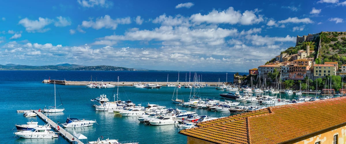 A marina with numerous boats docked, a coastal town with colorful buildings, and a hill with a castle in the background.