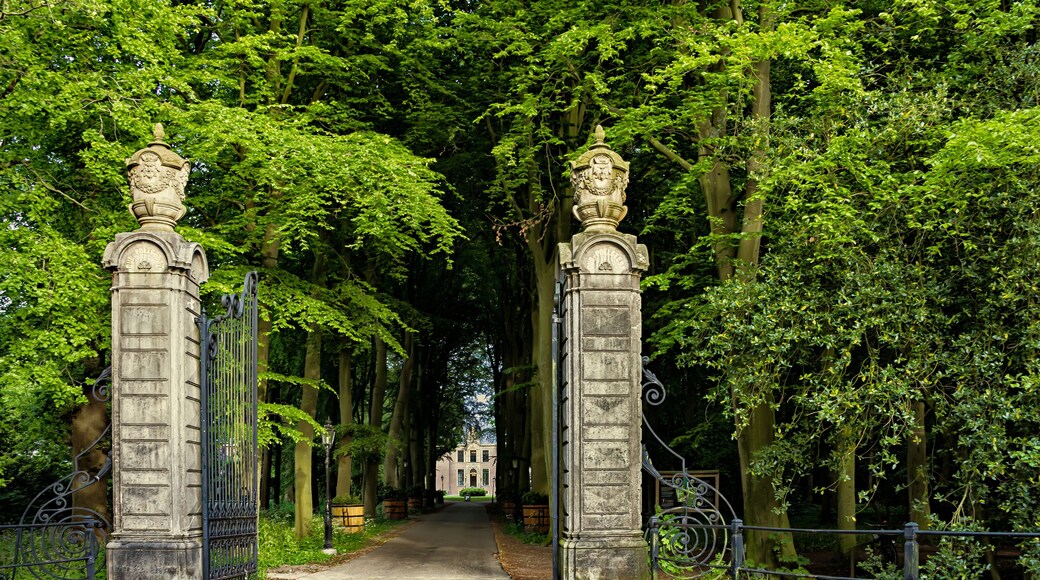 Leiden, Holland, Netherlands, May 22, 2019, The gates and road to the medievalCastle (Kasteel) Oud Poelgeest, 1668 in Oegstgeest, the former home of the Dutch scientist Herman Boerhaave (1668-1738)