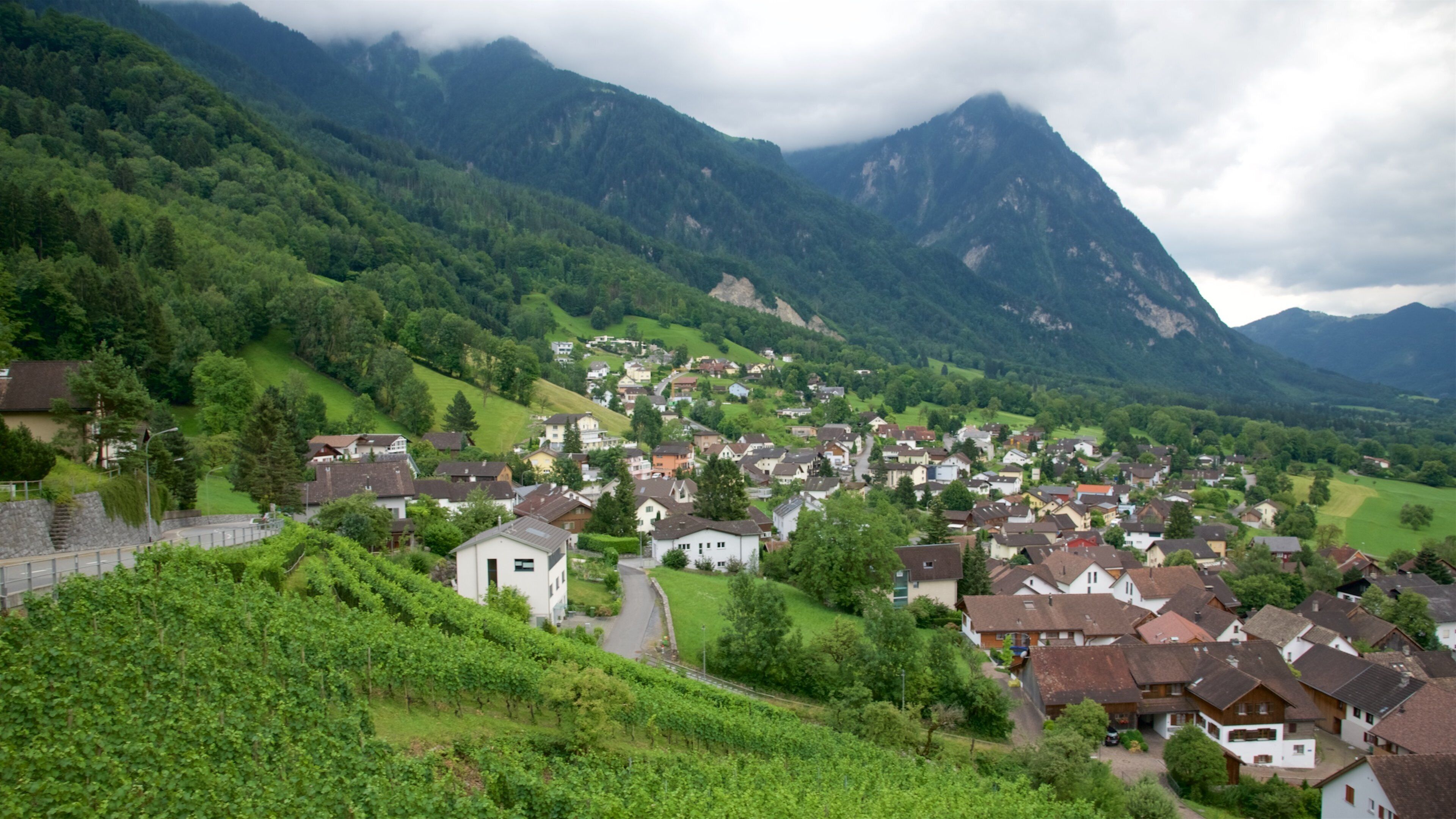 Liechtenstein som viser rolig landskap og liten by eller landsby