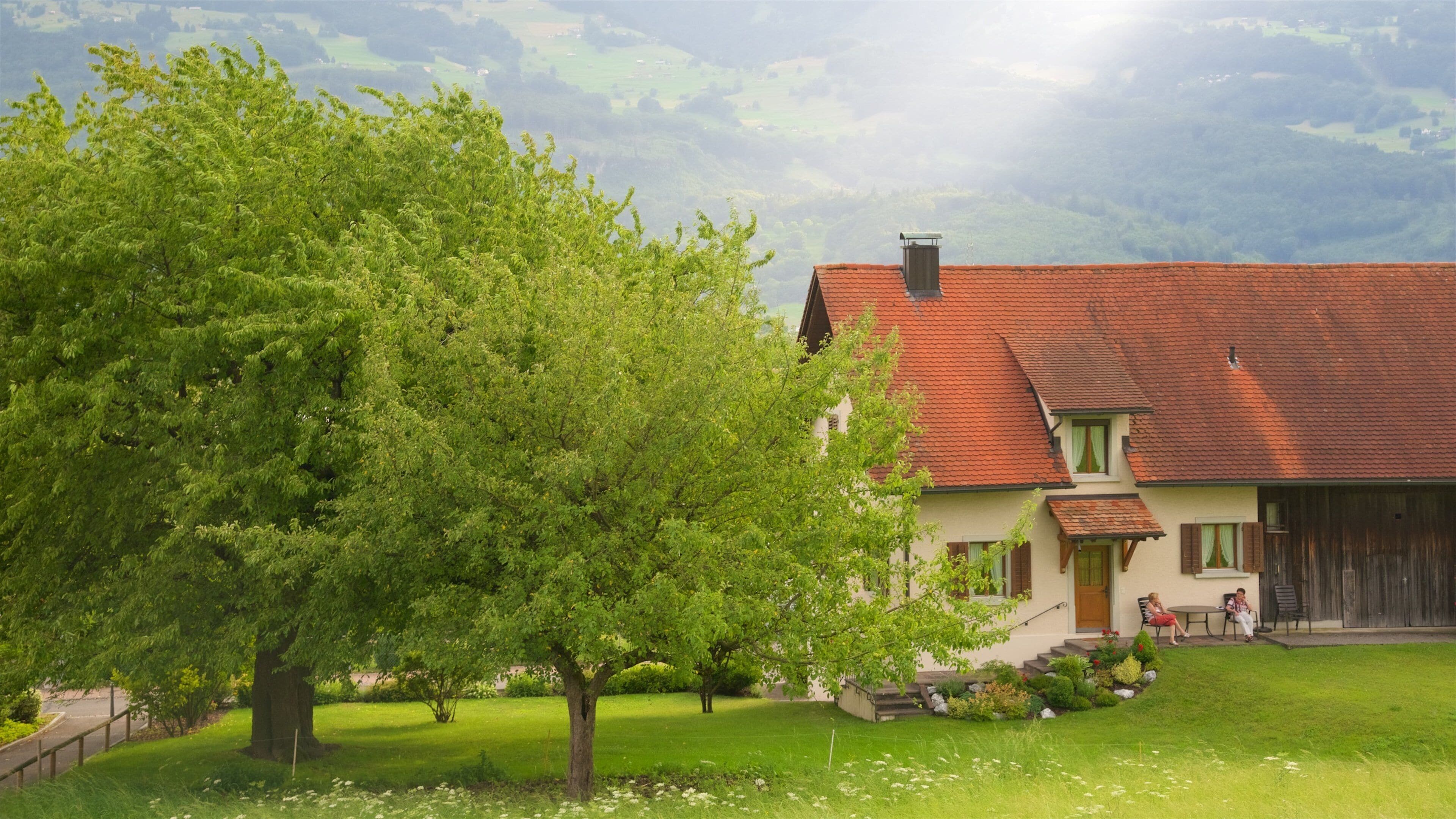 A house with a red roof, surrounded by a green garden and trees.