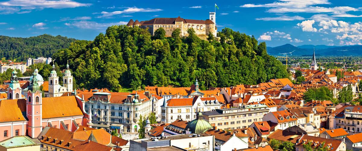 Eine historische Burg auf einem Hügel, umgeben von einer dicht bebauten Stadt mit traditioneller Architektur und blauem Himmel.