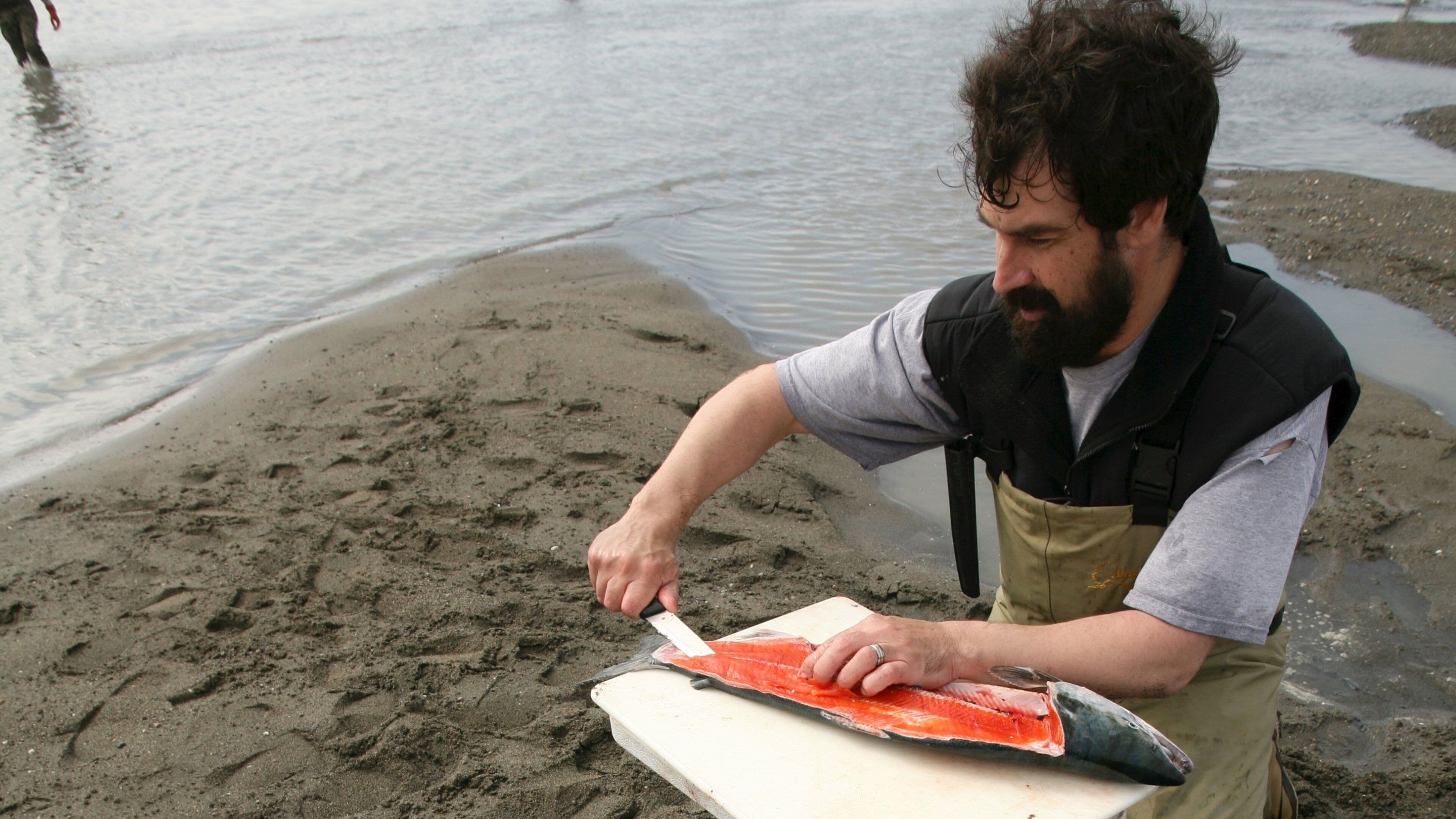 A person cutting a fish on a beach.