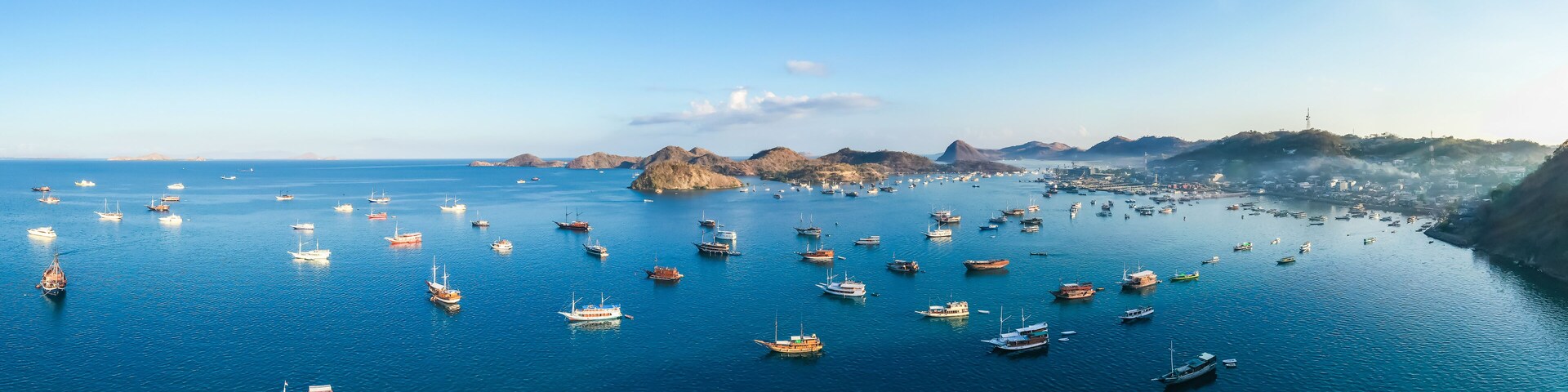 Un pueblo costero con numerosas embarcaciones fonqueadas en el agua, colinas rocosas al fondo y un cielo despejado.