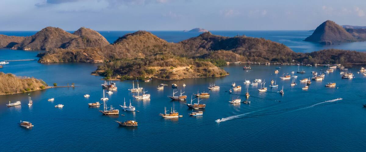 A coastal area with numerous boats anchored in the water, surrounded by rocky islands and a clear sky.