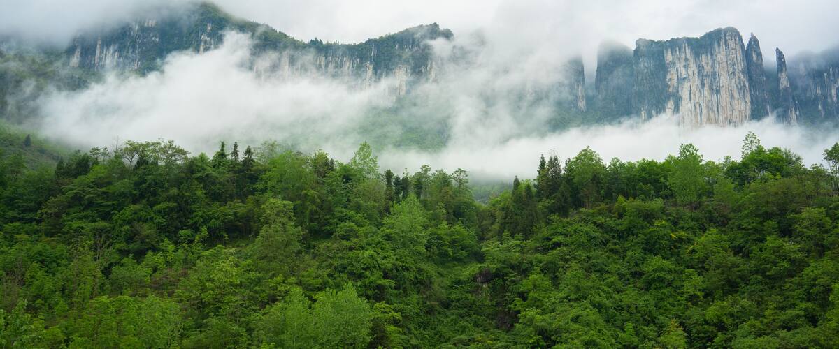 A mountainous landscape with dense green forests and towering rock formations partially obscured by clouds.
