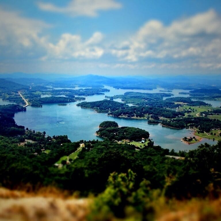 A river winding through a forested landscape with multiple islands and a clear sky.