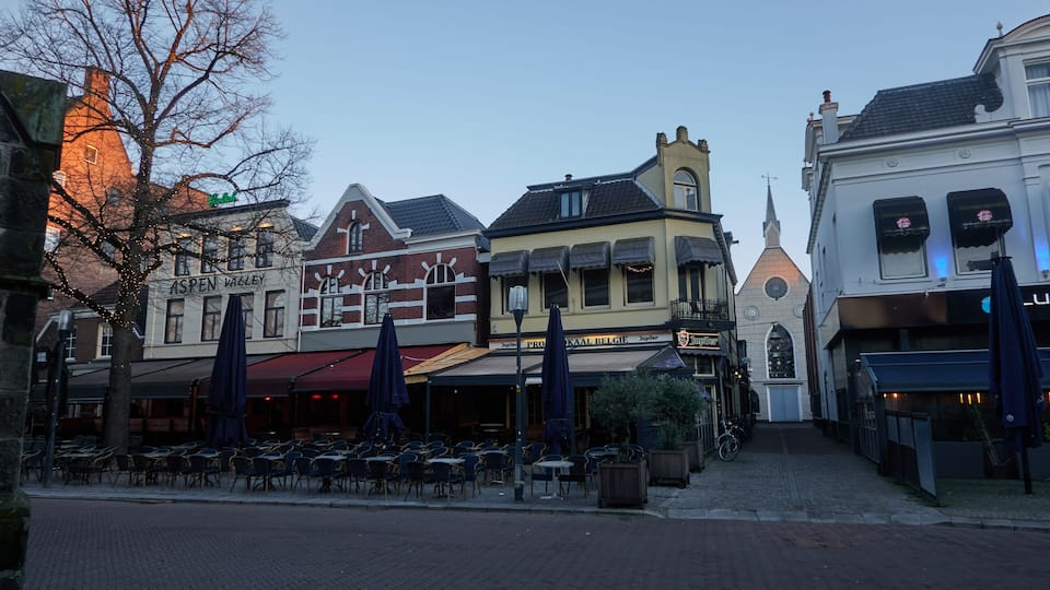 Enschede, Netherlands - January 28, 2024 - Oude Markt - the Old Marketplace square on a winter morning