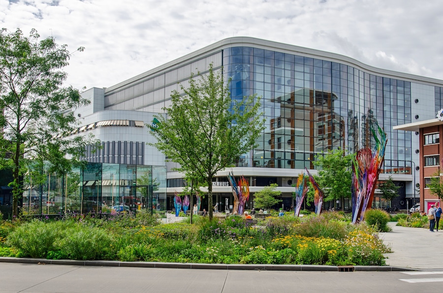 Enschede, The Netherlands, August 9, 2023: lots of greenery on central Koningsplein square with inthe background the hospital