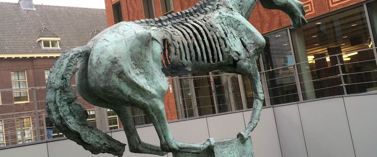 A clear reminder to not horse around at this college campus. 
Bronze sculpture by Cees Willemsen. http://www.kunstnonstop.nl/collectie/detail/