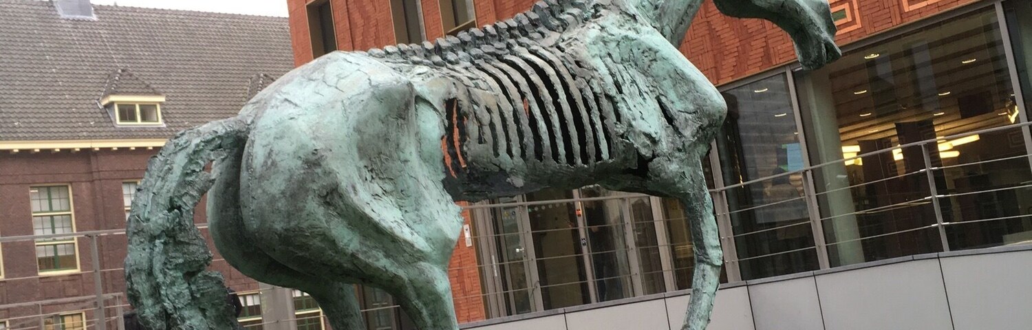 A clear reminder to not horse around at this college campus. 
Bronze sculpture by Cees Willemsen. http://www.kunstnonstop.nl/collectie/detail/
