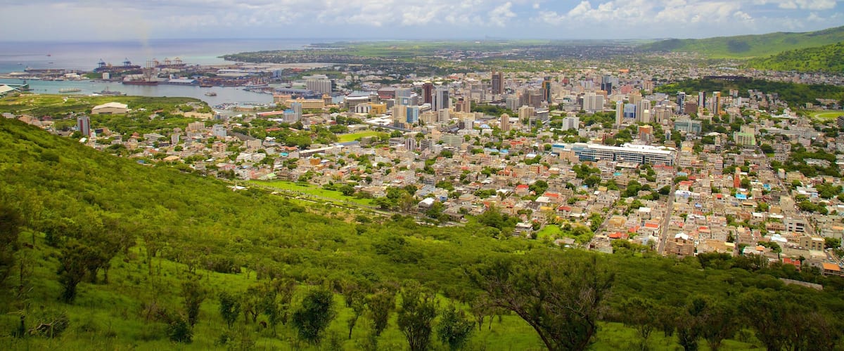 A coastal cityscape with a harbor, dense urban area, and surrounding greenery.