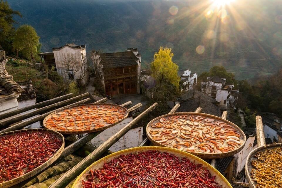 A traditional market with dried seafood displayed on wooden trays.