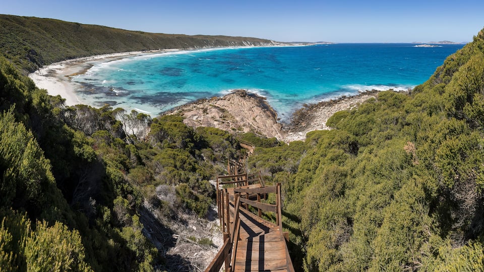 A coastal landscape with a wooden boardwalk leading to a beach, surrounded by dense greenery and clear blue waters.