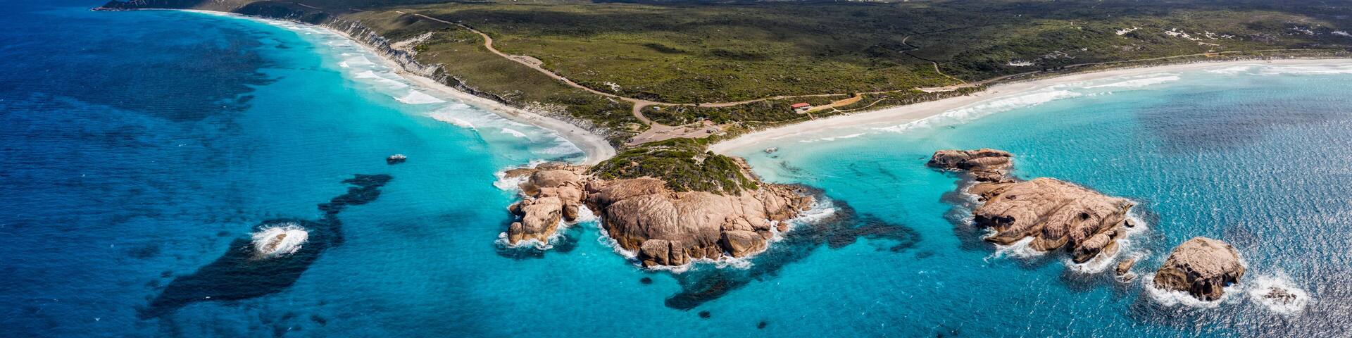 Aerial panoramic view of Twilight Bay and Twilight beach at Esperance in Western Australia
