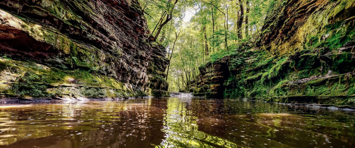 A forested river with clear water reflecting trees and rocky cliffs.