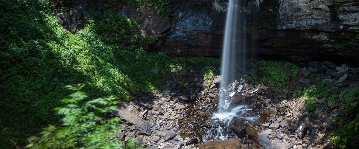 A waterfall cascading down a rocky cliff surrounded by dense green foliage.