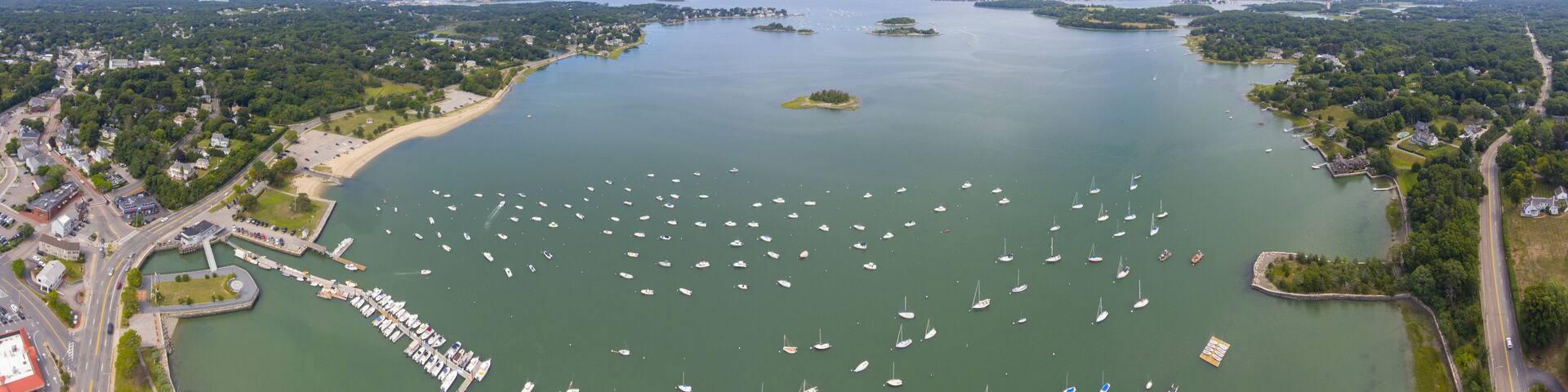 Hingham Harbor panorama aerial view in Hingham near Boston, Massachusetts, USA.