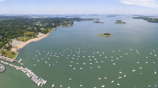 Hingham Harbor panorama aerial view in Hingham near Boston, Massachusetts, USA.
