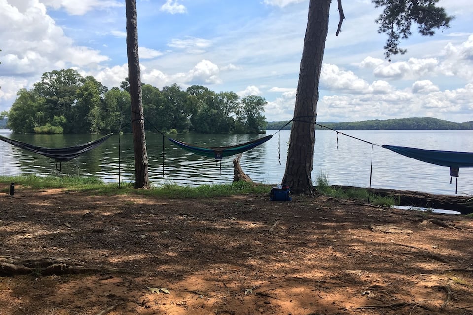 A hammock tied between trees by a lake with a forest in the background.
