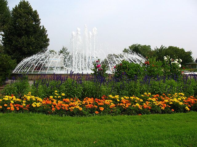 A fountain with water jets, surrounded by colorful flower beds.