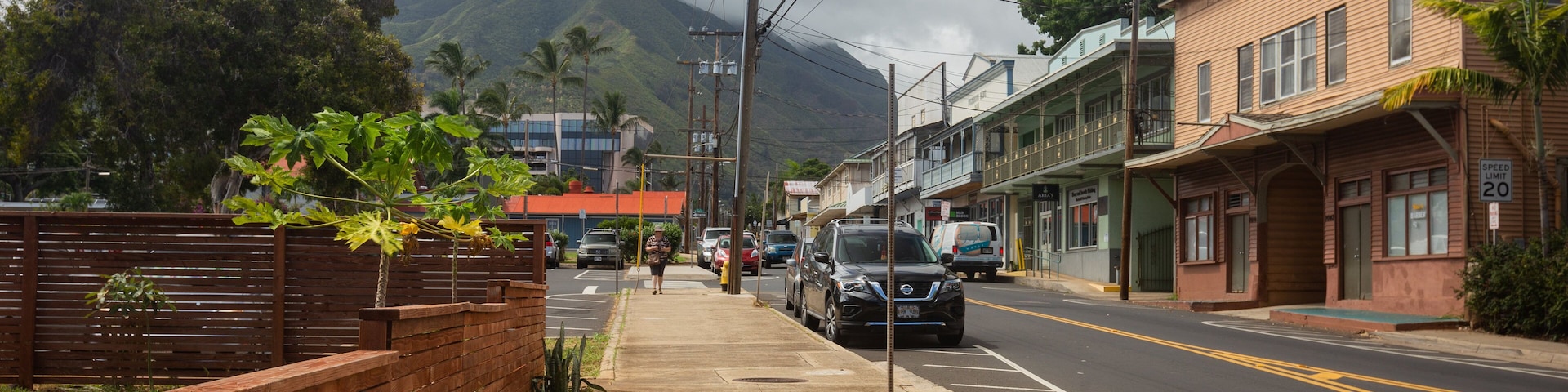 A street with buildings, a speed limit sign, and a mountain in the background.