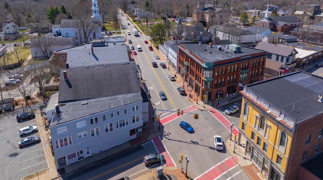 Middleborough commercial historic town center aerial view on Main Street at Center Street, Middleboro, Massachusetts MA, USA.