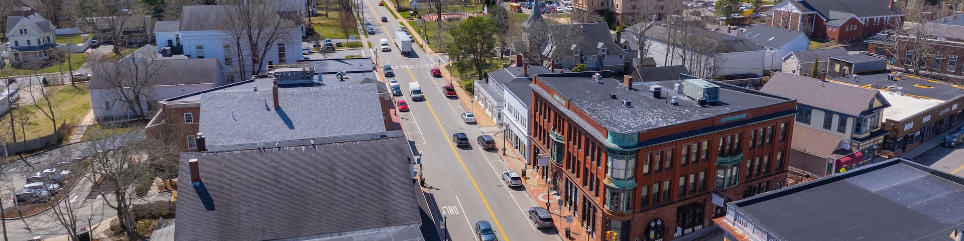 Middleborough commercial historic town center aerial view on Main Street at Center Street, Middleboro, Massachusetts MA, USA.