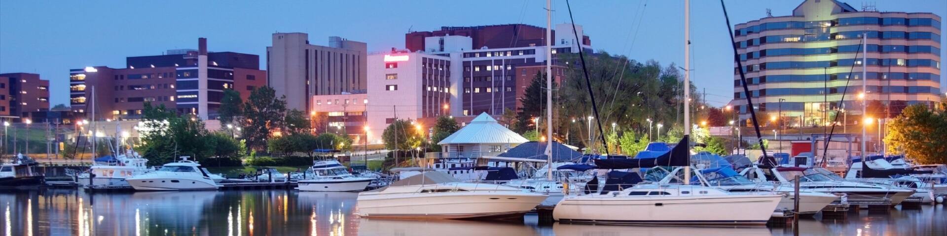 Erie featuring night scenes, a marina and a city