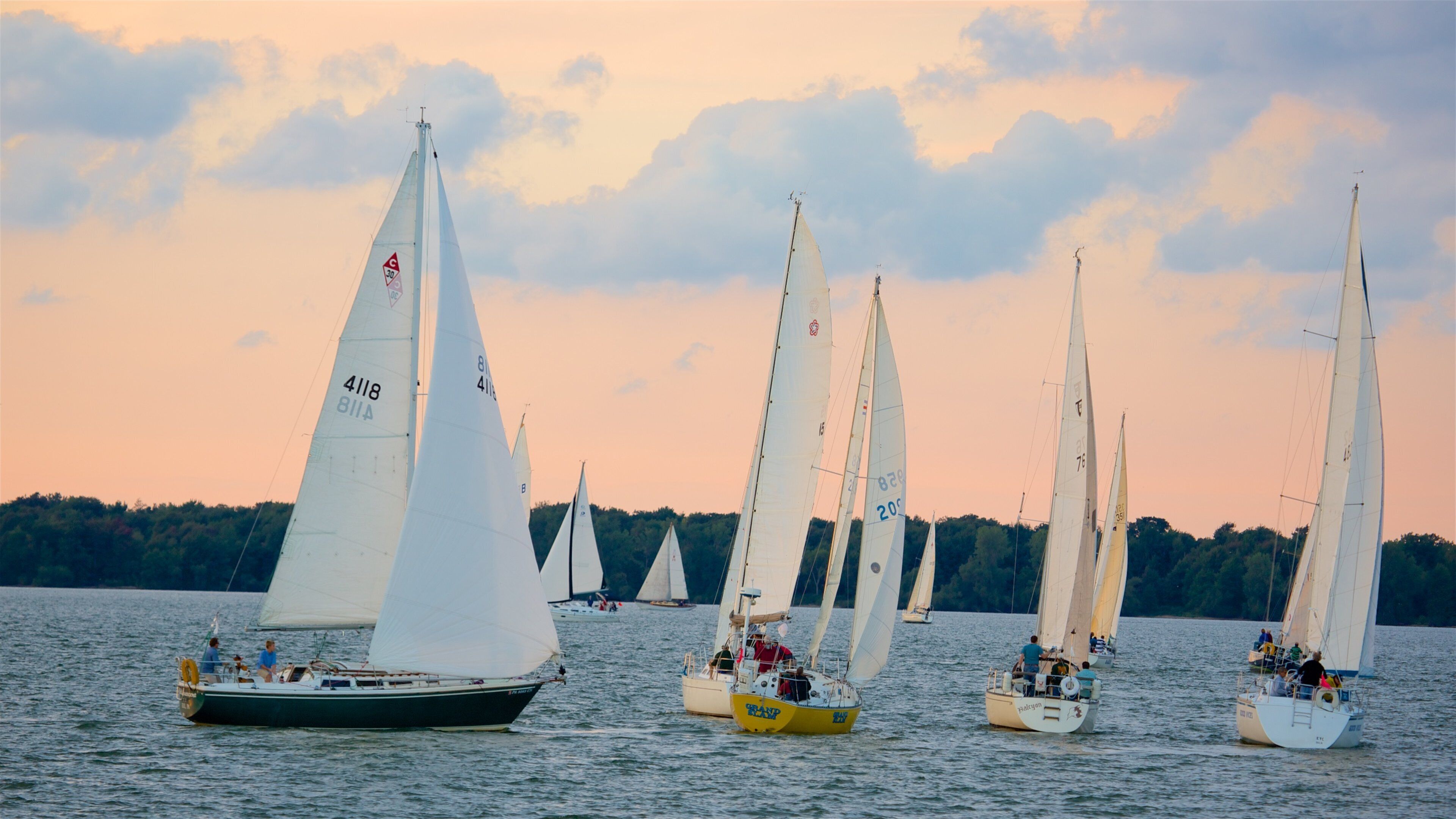 A fleet of sailboats on a lake with a sunset sky.