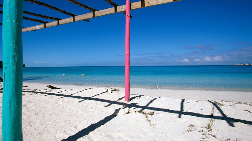 A beach with a wooden pergola and a pink pole.