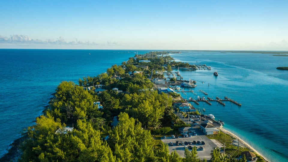 A coastal area with a marina, boats, and a clear blue sea.